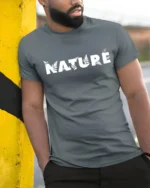 Nature Typography Graphic T Shirt Minimal Outdoor Style Tee - model wearing grey tee, leaning on column