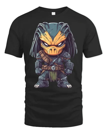 Fierce Alien Hunter Cartoon Graphic Tee Cool SciFi Tshirt - black t-shirt on white background