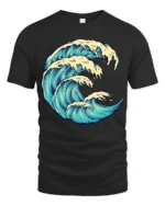 Ocean Wave Graphic Tee Artistic Sea Surf Style Tshirt - black t-shirt on white background