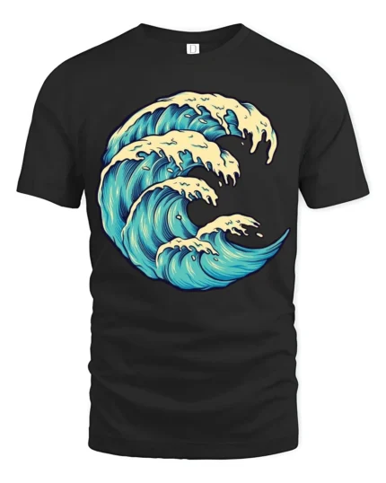 Ocean Wave Graphic Tee Artistic Sea Surf Style Tshirt - black t-shirt on white background
