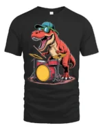 Funny Drummer Dinosaur Graphic Tee Cool Music Dino Tshirt - black t-shirt on white background