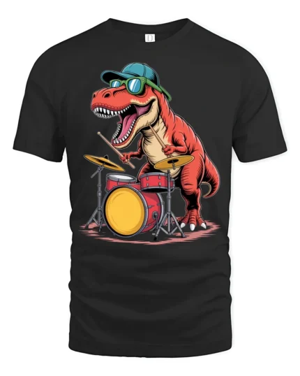 Funny Drummer Dinosaur Graphic Tee Cool Music Dino Tshirt - black t-shirt on white background