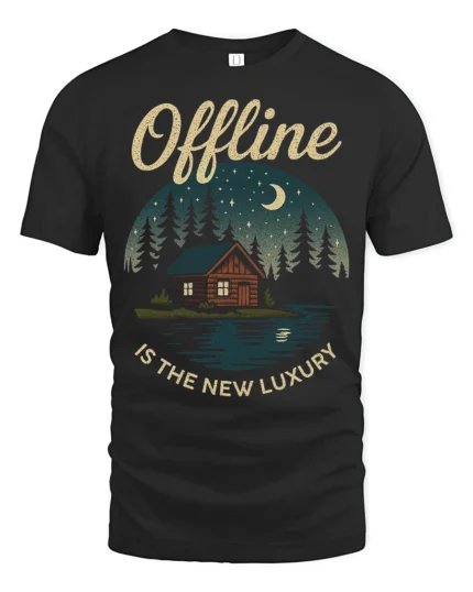 Offline Is The New Luxury Graphic Tee Nature Cabin Tshirt - black t-shirt on white background