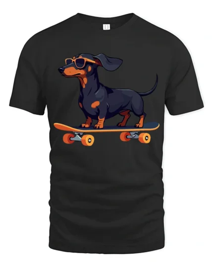 Cool Dachshund Skateboard Graphic Tee Funny Dog Tshirt - black t-shirt on white background