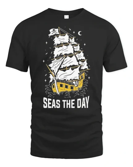 Seas The Day Pirate Ship Graphic Tee Funny Sailing Tshirt - black t-shirt on white background