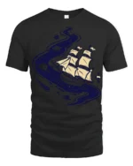 Cosmic Sailing Ship Graphic Tee Space Ocean Fantasy Tshirt - black t-shirt on white background