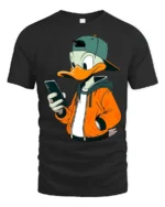 Trendy Phone Addict Duck Streetwear Graphic Tshirt Fun Style - black t-shirt on white background