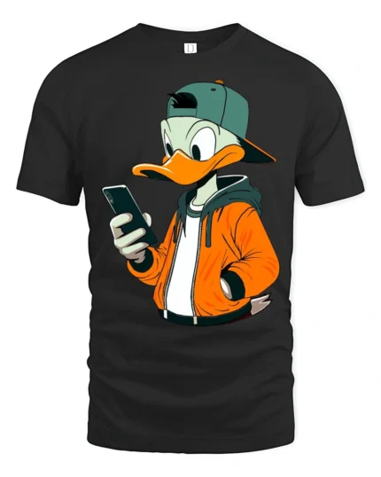 Trendy Phone Addict Duck Streetwear Graphic Tshirt Fun Style - black t-shirt on white background
