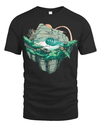 Tropical Wave Island Graphic Tee Artistic Ocean Nature Tshirt - black t-shirt on white background