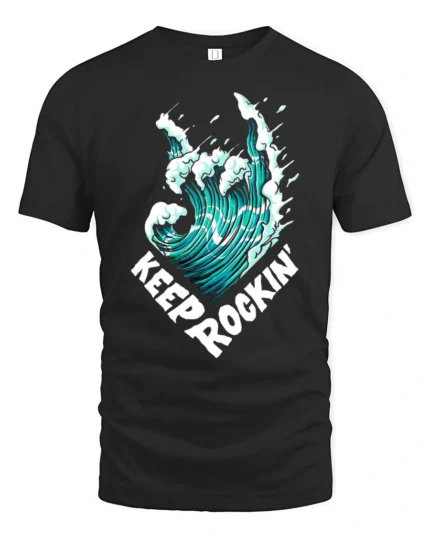 Keep Rocking Wave Graphic Tee Cool Ocean Music Tshirt - black t-shirt on white background