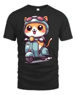 Kawaii Scooter Cat Graphic Tee Adorable Cartoon Tshirt Style - black t-shirt on white background