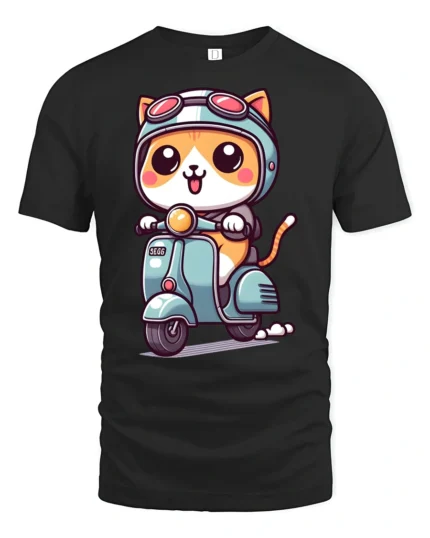 Kawaii Scooter Cat Graphic Tee Adorable Cartoon Tshirt Style - black t-shirt on white background