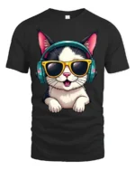 Stylish Headphone Cat Graphic Tee Cute Music Cartoon Tshirt - black t-shirt on white background