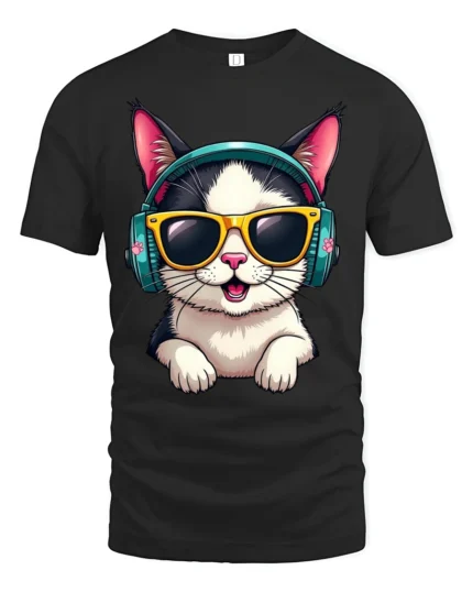 Stylish Headphone Cat Graphic Tee Cute Music Cartoon Tshirt - black t-shirt on white background