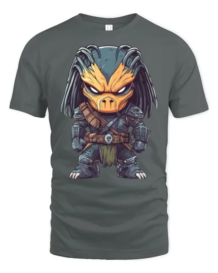 Fierce Alien Hunter Cartoon Graphic Tee Cool SciFi Tshirt - gray t-shirt on white background