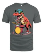 Funny Drummer Dinosaur Graphic Tee Cool Music Dino Tshirt - gray t-shirt on white background