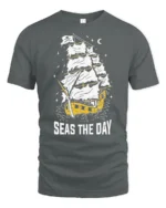 Seas The Day Pirate Ship Graphic Tee Funny Sailing Tshirt - gray t-shirt on white background