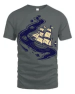 Cosmic Sailing Ship Graphic Tee Space Ocean Fantasy Tshirt - gray t-shirt on white background