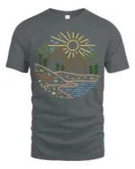 Minimal Nature Landscape Graphic Tee Mountain River Tshirt - gray t-shirt on white background