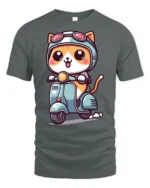 Kawaii Scooter Cat Graphic Tee Adorable Cartoon Tshirt Style - gray t-shirt on white background