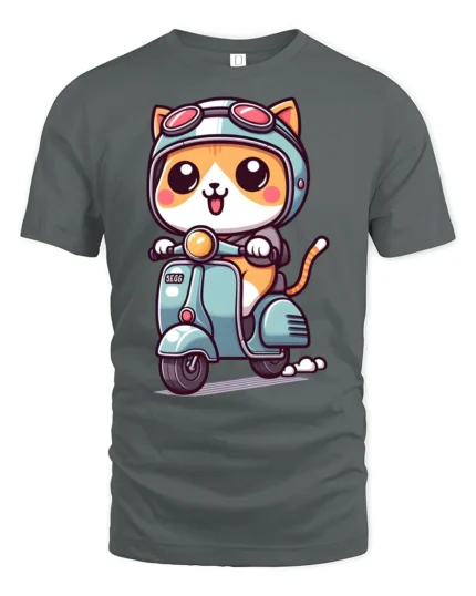 Kawaii Scooter Cat Graphic Tee Adorable Cartoon Tshirt Style - gray t-shirt on white background