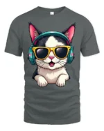 Stylish Headphone Cat Graphic Tee Cute Music Cartoon Tshirt - gray t-shirt on white background