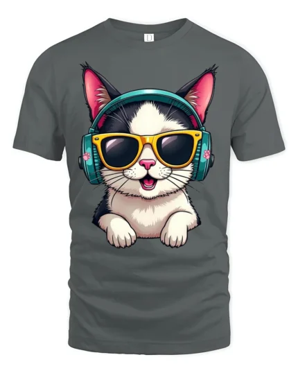 Stylish Headphone Cat Graphic Tee Cute Music Cartoon Tshirt - gray t-shirt on white background