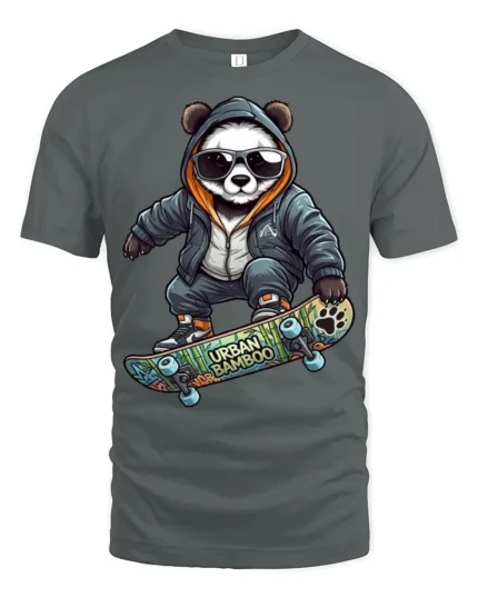 Urban Panda Skater Graphic Tee Trendy Streetwear Tshirt - gray t-shirt on white background