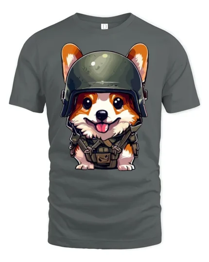 Adorable Army Puppy Graphic Tee Cool Tactical Style Tshirt - gray t-shirt on white background