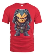 Fierce Alien Hunter Cartoon Graphic Tee Cool SciFi Tshirt - red t-shirt on white background