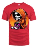 Cute Grim Reaper Hoodie Graphic Tee Funny Skeleton Tshirt - red t-shirt on white background