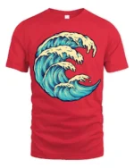 Ocean Wave Graphic Tee Artistic Sea Surf Style Tshirt - red t-shirt on white background
