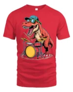 Funny Drummer Dinosaur Graphic Tee Cool Music Dino Tshirt - red t-shirt on white background