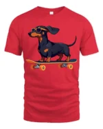 Cool Dachshund Skateboard Graphic Tee Funny Dog Tshirt - red t-shirt on white background