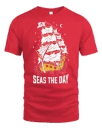 Seas The Day Pirate Ship Graphic Tee Funny Sailing Tshirt - red t-shirt on white background