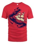 Cosmic Sailing Ship Graphic Tee Space Ocean Fantasy Tshirt - red t-shirt on white background