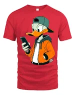 Trendy Phone Addict Duck Streetwear Graphic Tshirt Fun Style - red t-shirt on white background