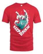 Keep Rocking Wave Graphic Tee Cool Ocean Music Tshirt - red t-shirt on white background