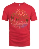 Minimal Nature Landscape Graphic Tee Mountain River Tshirt - red t-shirt on white background