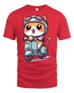 Kawaii Scooter Cat Graphic Tee Adorable Cartoon Tshirt Style - red t-shirt on white background