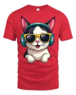 Stylish Headphone Cat Graphic Tee Cute Music Cartoon Tshirt - red t-shirt on white background