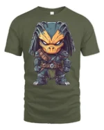 Fierce Alien Hunter Cartoon Graphic Tee Cool SciFi Tshirt - military green t-shirt on white background