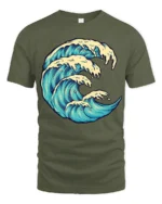 Ocean Wave Graphic Tee Artistic Sea Surf Style Tshirt - military green t-shirt on white background