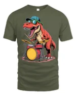 Funny Drummer Dinosaur Graphic Tee Cool Music Dino Tshirt - military green t-shirt on white background