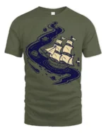 Cosmic Sailing Ship Graphic Tee Space Ocean Fantasy Tshirt - military green t-shirt on white background