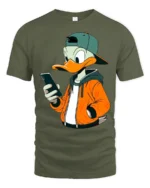 Trendy Phone Addict Duck Streetwear Graphic Tshirt Fun Style - military green t-shirt on white background