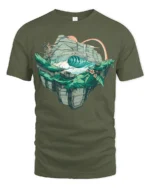 Tropical Wave Island Graphic Tee Artistic Ocean Nature Tshirt - military green t-shirt on white background