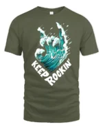 Keep Rocking Wave Graphic Tee Cool Ocean Music Tshirt - military green t-shirt on white background