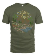 Minimal Nature Landscape Graphic Tee Mountain River Tshirt - military green t-shirt on white background