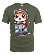 Kawaii Scooter Cat Graphic Tee Adorable Cartoon Tshirt Style - military green t-shirt on white background